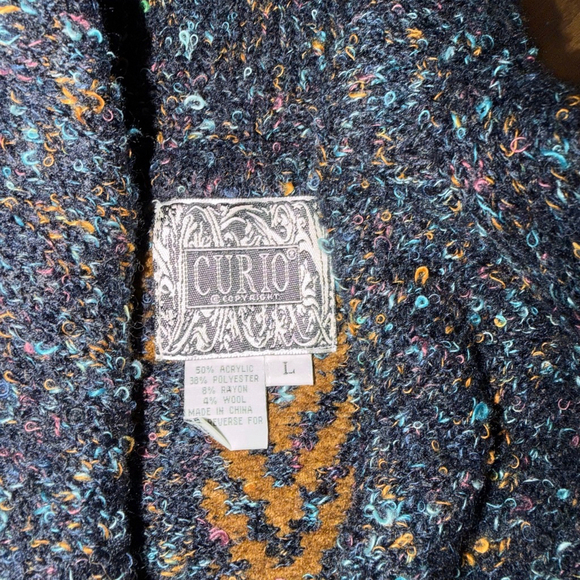 Anthropologie Curio Navy Gold Knit Poncho Sweater L Fall Cape Chunky knit - Picture 5 of 7